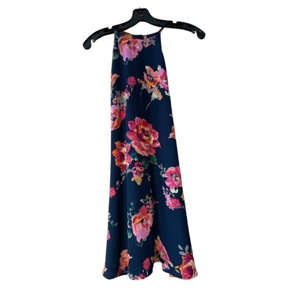 Everly Floral Halter Mini Dress‎ Babydoll Wedding Guest Lined Navy Small